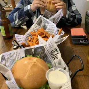 California Burger (subbed for turkey), sweet potato fries, and Western Burger