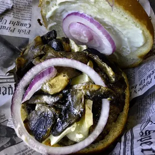 The Paris burger, sauteed mushrooms with melted Brie cheese.