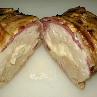 The gourmet bacon wrapped chicken was amazing when cooked, tender and moist.