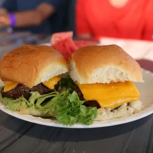 Baby burgers on kids menu served with watermelon.
