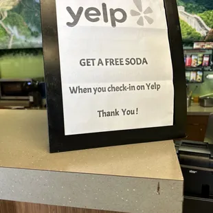 Free soda with a Yelp check in!