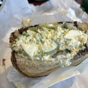 Egg sandwich with rye bread and pickles made to order.