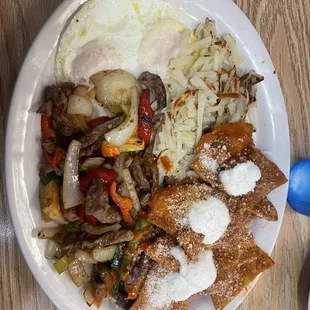 Chilaquiles and steak fajitas