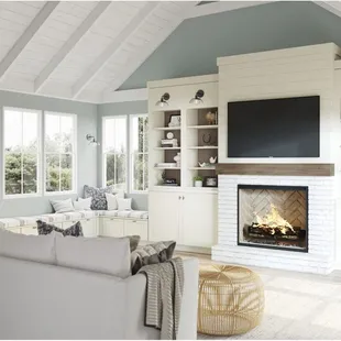 A cozy living room featuring painted vanilla cabinetry, open shelving, and a fireplace creates a warm and inviting atmosphere!