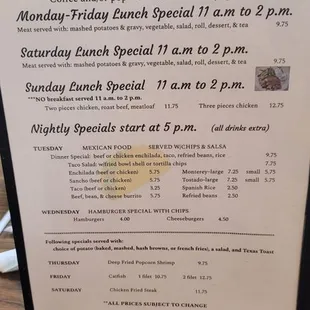 December 5th 2024 the specials starting lunch time and then dinner