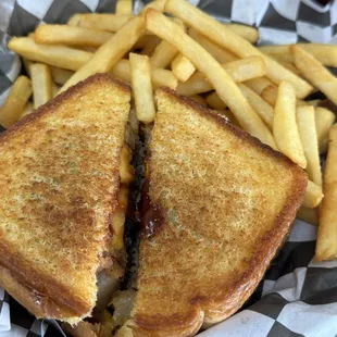 BBQ cheeseburger with huge onion rings on homemade sourdough bread!  Bread was absolutely amazing!  I want some of grandma&apos;s starter!