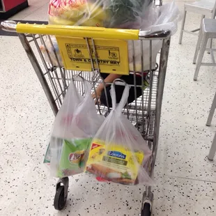 a shopping cart full of groceries