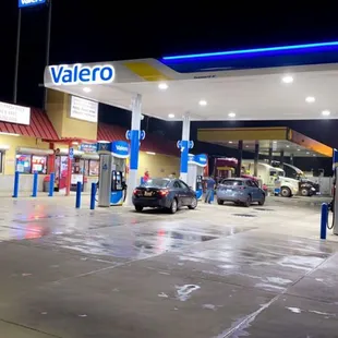 a gas station at night