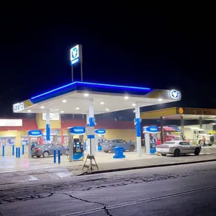 a gas station at night