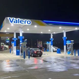 a gas station at night