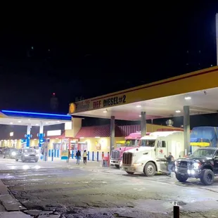 a gas station at night