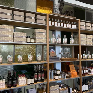 shelves of liquor and condiments