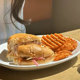 Seared tuna and sweet potato waffle fries