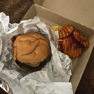 Burger and sweet potato fries