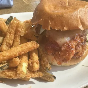 Chicken sandwich and zucchini fries