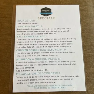 Specials Menu