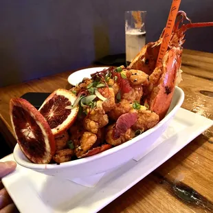 Whole Lobster, fried, with ponzu and an aioli sauce.