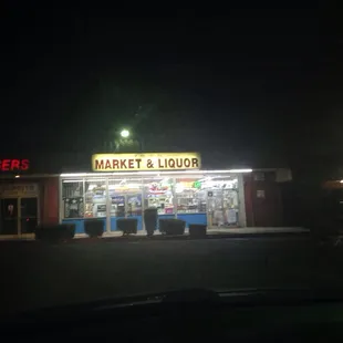 a store front at night
