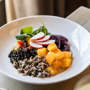 Grain Bowl with Squash, Kale, Wild Rice, Apple, Beet, Carrot, Apple Cider Vinaigrette