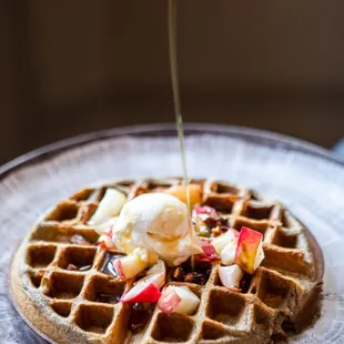 Buckwheat Waffles with  Roasted Apples, Candied Pecans, and Labneh Cream