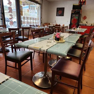 tables and chairs in a restaurant