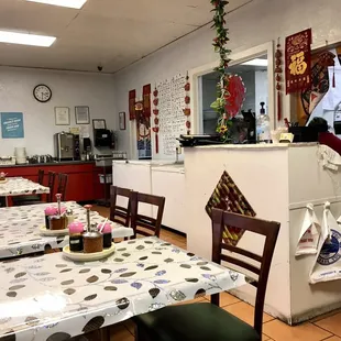 a kitchen and dining area