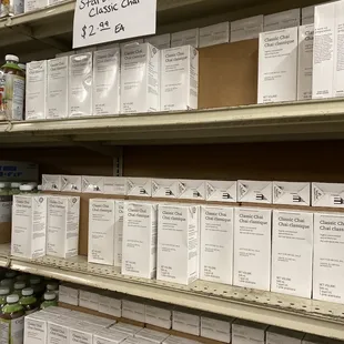 a shelf full of food items