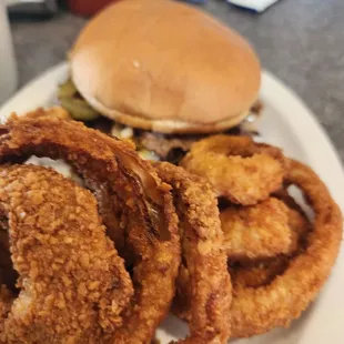 Onion rings and burger