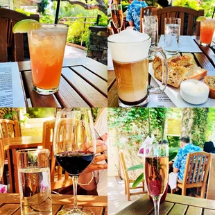 A variety of drinks:   Wines, cappuccino and mixed drink