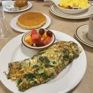 Garden omelet, fruit, pancakes