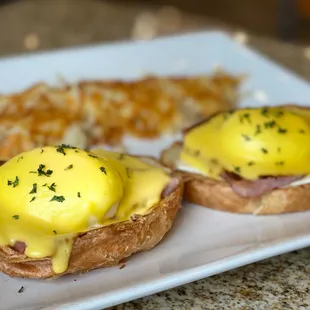 French Benny- croissant, ham, Swiss cheese, poached eggs, and hollandaise