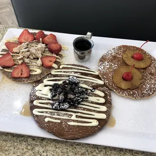 The pancake sampler. Oreo, pineapple upside down, and the strawberry cheesecake! AMAZING.