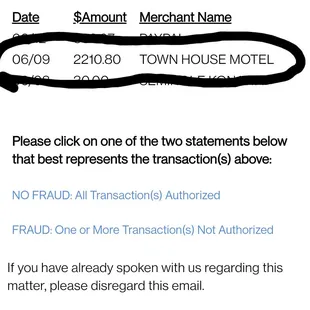 Fraudulent charge from the TownHouse Motel