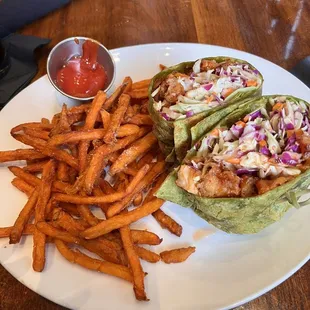 Sriracha chicken wrap with Sweet Potato Fries
