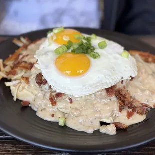 Warriors breakfast: combo of chicken fried steak and biscuits &amp; gravy