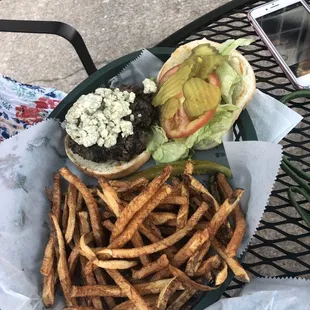 Blue cheese burger with natural cut fries