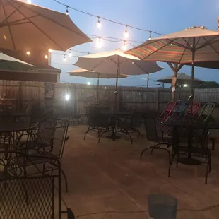 Outdoor tables at twilight