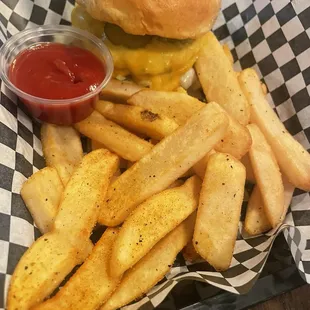 Single patty burger with steak fries.