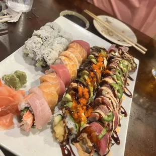 Crunchy Shrimp Roll, Black Dragon Roll, Cowboy Roll, and Rainbow Roll