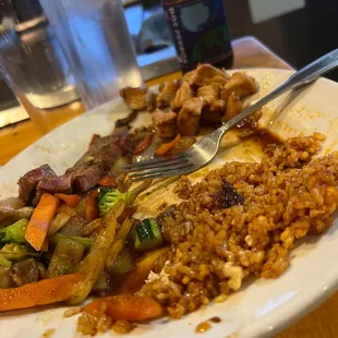 steak and chicken with spicey rice