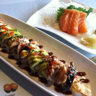 Dragon roll and salmon sashimi