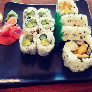 Cucumber avocado on left, veggie tempura on right $7.95 lunch special