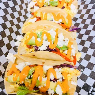 The favorite breakfast tacos,
scrambled egg, and fresh cabbage, red pepper fresh cheese and avocado make this taco amazing.