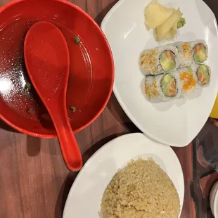 Alaska roll, rice, soup