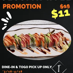 Enjoy our popular Jessicaroll  for $4 off all day.
Dine in and pick up Only.