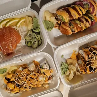Jessica roll, salmon sashimi, scallop roll, dragon roll