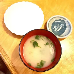 Complementary miso with seaweed and tofu soup