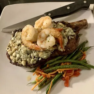 Bone-in Ribeye w/ crusted blue cheese and shrimp