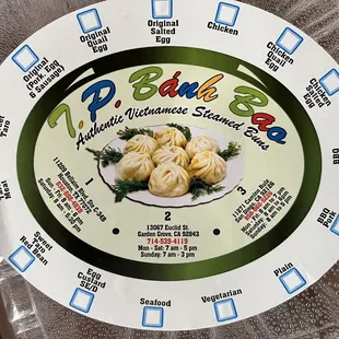 Their sticker with different flavors of bao they sell and sandwiches they don&apos;t sell.