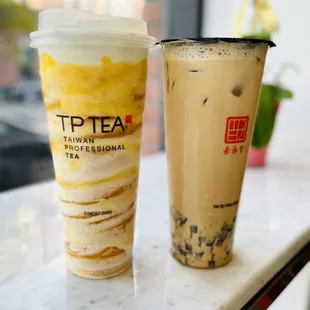 Pink Salt Cheese Crema Grapefruit Tea, TP original milk tea with coffee jelly.